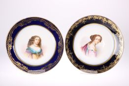 A PAIR OF SEVRES STYLE PORTRAIT CABINET PLATES, LATE 19TH CENTURY, circular, each painted with a