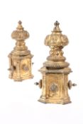 A PAIR OF LARGE GILDED BRONZE FINIALS, with ornate decoration.