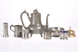 A GROUP OF PEWTER, comprising a 19th Century coffee pot, footed bowl, 1/2 pint tankard, two