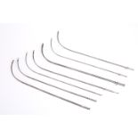 A GROUP OF SEVEN SILVER THACKRAY OF LEEDS MALE CATHETERS, each stamped silver, of tube form with