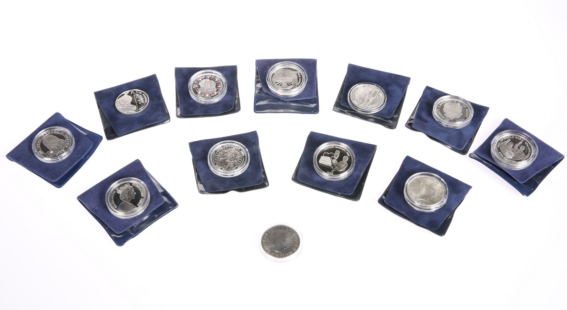 ELEVEN SILVER PROOF COINS, CIRCA 20TH CENTURY, in plastic capsules, total weight 10 troy ounces;