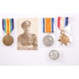 A WWI MEDAL TRIO, SERVICE BADGE AND PHOTOGRAPH, 10075 G. Halford GLOUC. R., badge no. 223346.