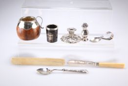 A GROUP OF SILVER AND OTHER ITEMS, including a Victorian butter knife, by Mappin & Webb; child's