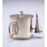 A GEORGIAN SILVER-PLATED BOUGIE BOX WITH SNUFFER, of cylindrical form with removable lid, the body