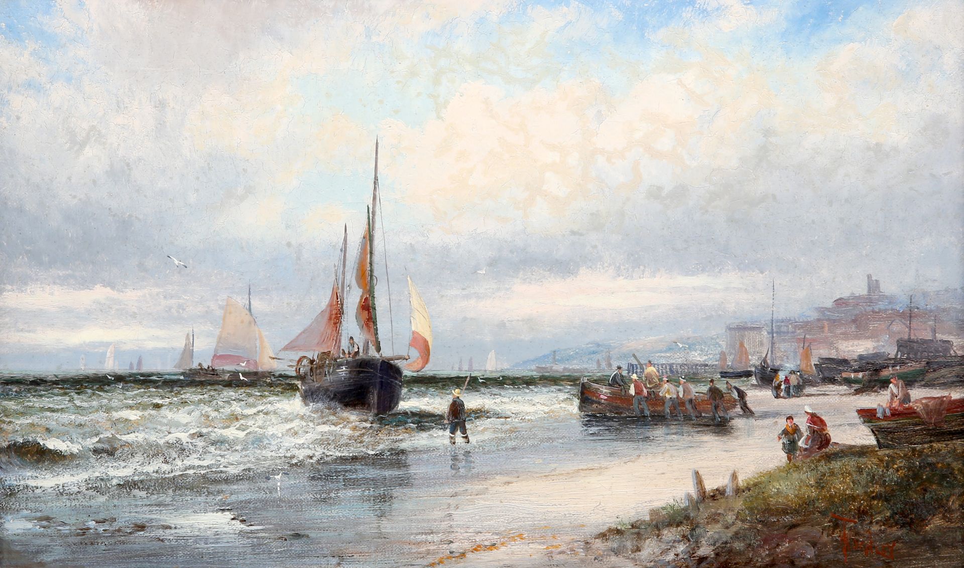 HUBERT THORNLEY (ACT. 1858-1898), BOATS AND FIGURES ON THE SHORE, signed lower right, oil on canvas,