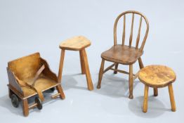 A GROUP OF FURNITURE, comprising child's chair, child's Little Buffer and two milking stools. (4)