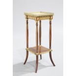A FRENCH GILT METAL MOUNTED AND ONYX TOPPED JARDINIERE STAND, the square top with pierced brass