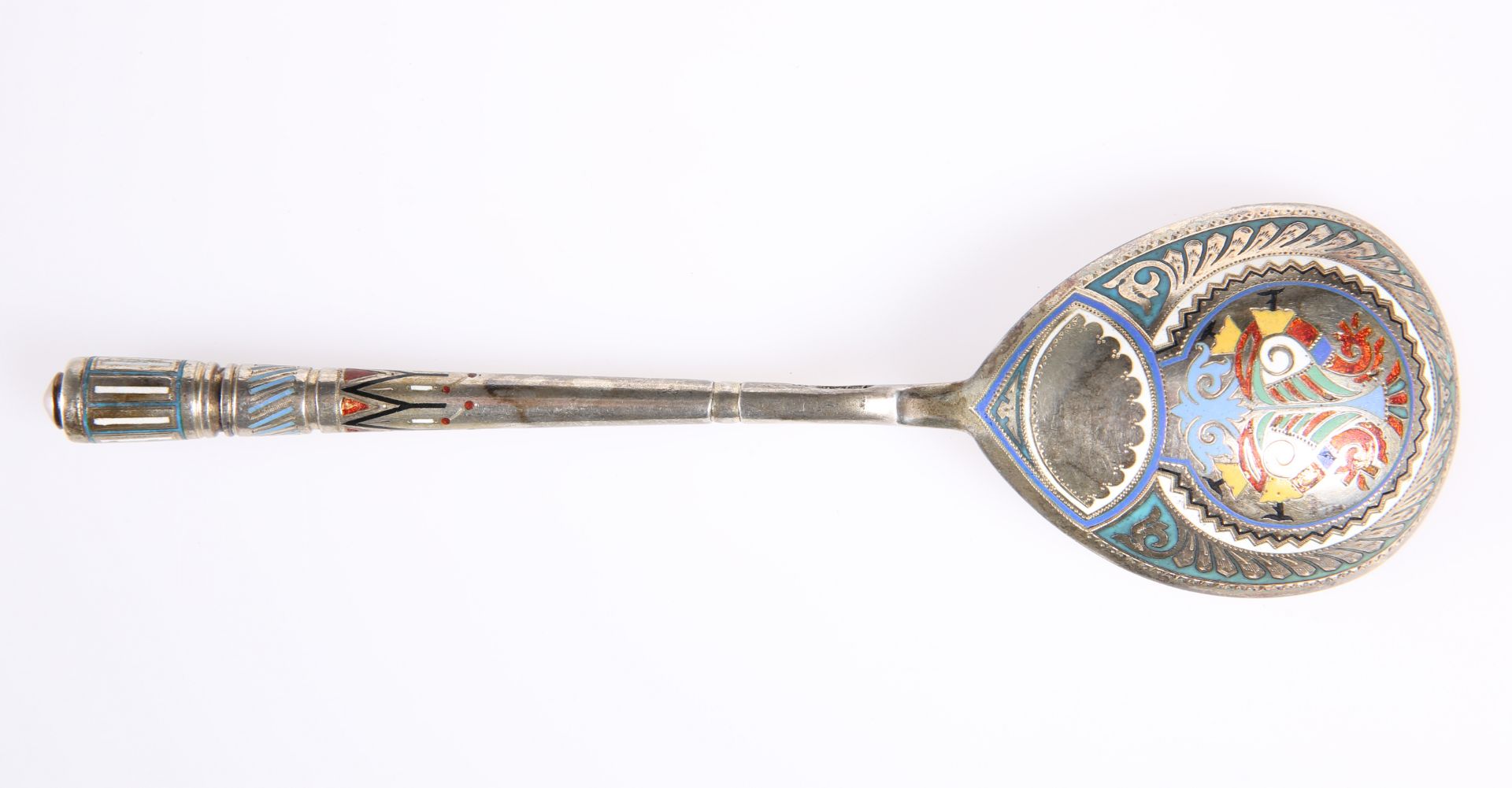 ~ A RUSSIAN SILVER AND ENAMEL SPOON, St. Petersburg 1881, silversmith AS, assayer AF (Cyrillic).