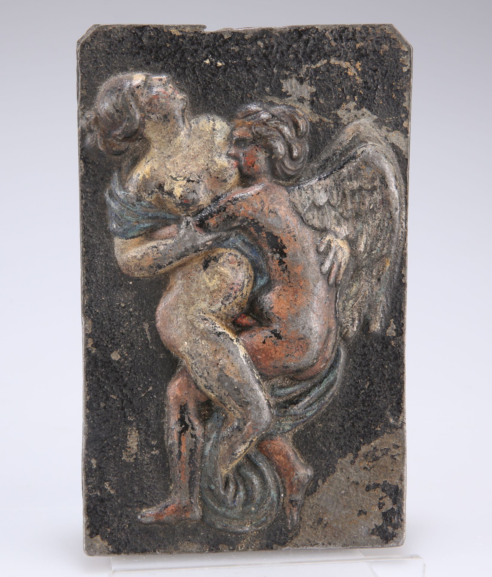 A CLASSICAL COLD-PAINTED BRONZE PLAQUE, C.18TH CENTURY, featuring two figures in an erotic pose.