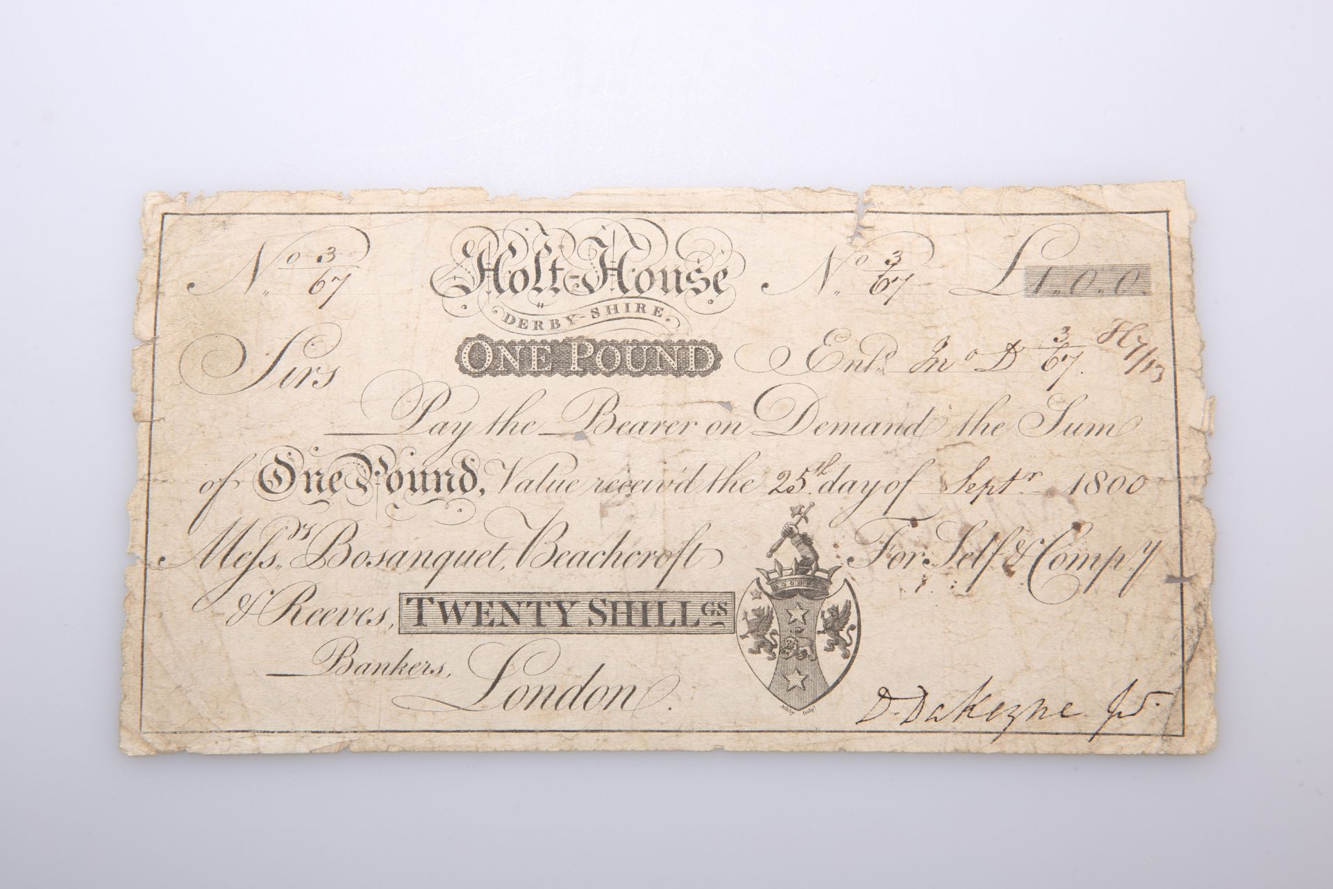 A RARE BANK NOTE, Holt-House, Derby-Shire, One Pound, 25th September 1800, no. 3/67 for Self &