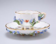 A MEISSEN FLORAL ENCRUSTED CUP AND SAUCER, LATE 19TH CENTURY, each of lobed circular form, painted