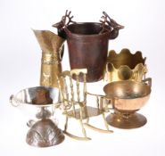 A GROUP OF METALWORK, including brass miniature rocking chair; Chinese tea caddy; silver-plated