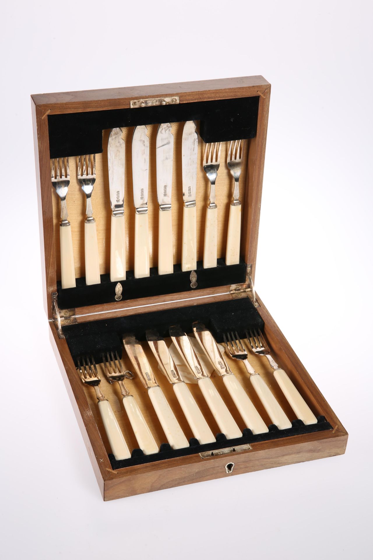 A SET OF IVORY-HANDLED SILVER FISH KNIVES AND FORKS, by John Sanderson & Son Ltd, Sheffield 1936 and