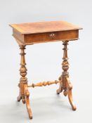 A BURR WALNUT WORK TABLE C.1870, the crossbanded and quarter veneered hinged cover opening to reveal
