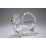 A LATE 19TH CENTURY NOVELTY GLASS DECANTER, in the form of a dog.The absence of a Condition Report
