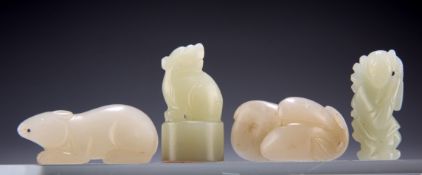FOUR CHINESE JADE CARVINGS, comprising a crouching rat, 4cm long; a female figure, 3cm long; a