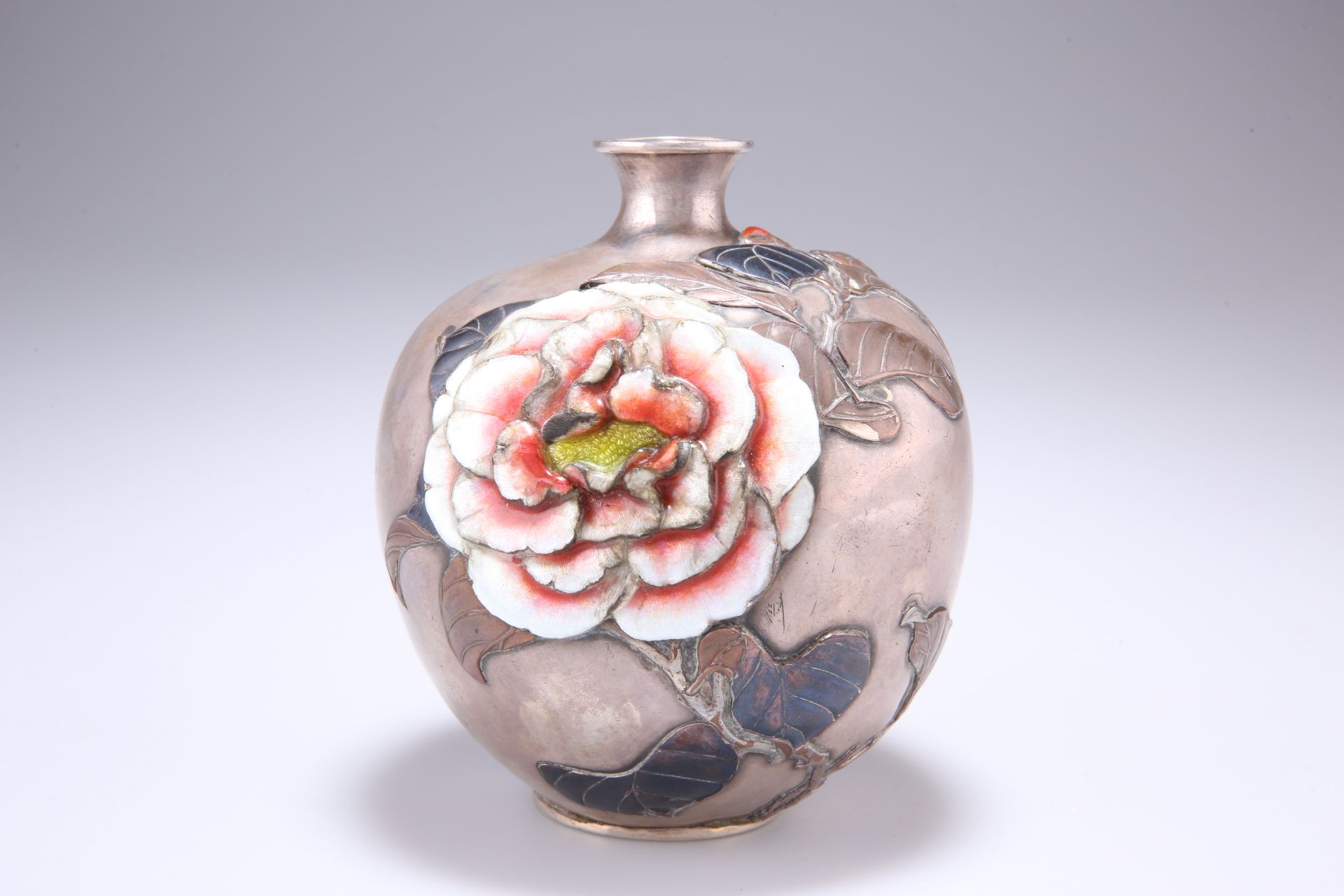 A JAPANESE SILVER AND ENAMEL GLOBULAR FLOWER VASE, MEIJI PERIOD, the slender neck with globular body