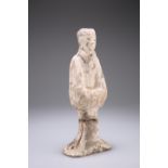 A CHINESE POTTERY TOMB FIGURE, PROBABLY HAN DYNASTY, modelled standing with arms crossed. 30cm high