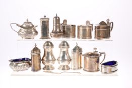 ~ A COLLECTION OF SILVER PEPPER POTS, MUSTARDS AND SALTS, various dates and makers, some with blue