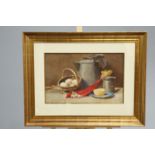 D.W. JACKSON, STILL LIFE OF RHUBARB, EGGS AND JUGS, signed and indistinctly dated lower right,