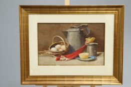 D.W. JACKSON, STILL LIFE OF RHUBARB, EGGS AND JUGS, signed and indistinctly dated lower right,