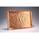 ATTRIBUTED TO NEWLYN, AN ARTS AND CRAFTS COPPER TRAY, rectangular, repousse with fish. 38cm by 26.