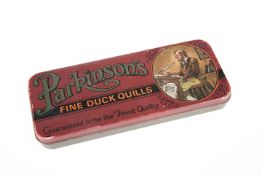 A VINTAGE TIN, "PARKINSON'S FINE DUCK QUILLS". 18cm