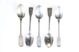 A GROUP OF FIVE YORK SILVER TEASPOONS, by James Barber & William North, fiddle pattern, various