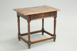A 17TH CENTURY OAK SIDE TABLE, the moulded rectangular top over a frieze drawer with moulded edge,