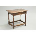 A 17TH CENTURY OAK SIDE TABLE, the moulded rectangular top over a frieze drawer with moulded edge,