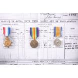 A WWI MEDAL TRIO, E.A. 1779 J.H. Watkins E.R.A. R.N.R., sold with a copy of documents.