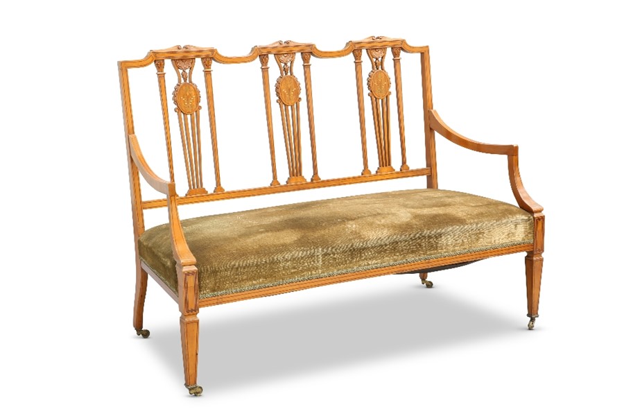 AN EDWARDIAN INLAID SATINWOOD CHAIR-BACK SETTEE