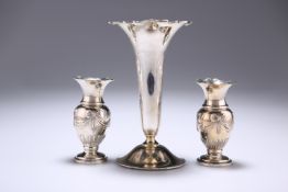 A PAIR OF SMALL VICTORIAN SILVER VASES, by Edward Souter Barnsley, Birmingham 1891, decorated with