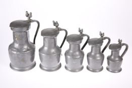 A GRADUATED SET OF FIVE FRENCH PEWTER LIDDED MEASURES, 19TH CENTURY, each with double acorn
