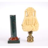 A 19TH CENTURY MARBLE MINIATURE PEDESTAL, 5.7cm high; together with AN ORIENTAL FAUX IVORY BUST, 7.