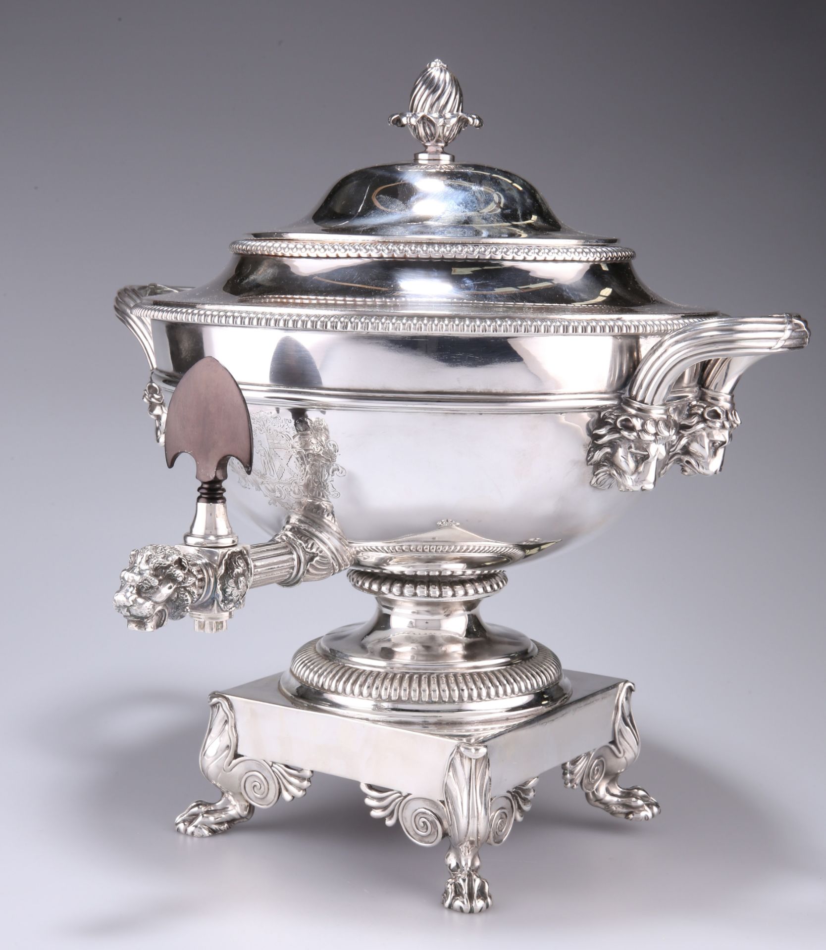 A RARE GEORGE III PAUL STORR SILVER TEA URN ON STAND, London 1802, the removable lid with wrythen