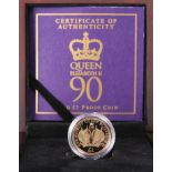 A 2016 GOLD PROOF ONE POUND COIN, "HER MAJESTY THE QUEEN'S 90TH BIRTHDAY", no. 994, boxed with