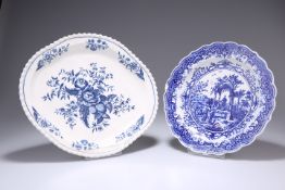 A WORCESTER PLATE, CIRCA 1780, with scallop edge, blue printed with the rare Classical Ruins