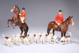 A BESWICK HUNTING GROUP, comprising Rearing Huntsman, Beswick Ware backstamp; Huntsman Standing, no.