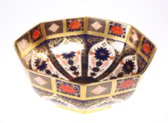 A LARGE ROYAL CROWN DERBY OLD IMARI BOWL, octagonal, decorated to pattern no. 1128, red printed