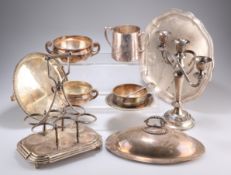 ^ A LARGE COLLECTION OF SILVER-PLATE, including cruet frame, cutlery tray, dessert bowls, trophy,
