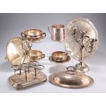 ^ A LARGE COLLECTION OF SILVER-PLATE, including cruet frame, cutlery tray, dessert bowls, trophy,