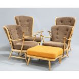 AN ERCOL BLONDE ELM AND BEECH FIVE-PIECE LOUNGE SUITE, comprising a pair of model 478 armchairs,