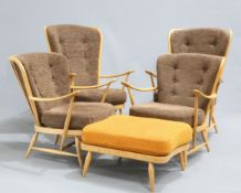 AN ERCOL BLONDE ELM AND BEECH FIVE-PIECE LOUNGE SUITE, comprising a pair of model 478 armchairs,