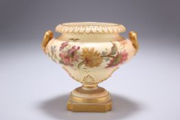 A ROYAL WORCESTER BLUSH IVORY VASE, of urn-form with twin handles, painted with flowers, shape no.