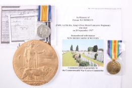 A WWI MEDAL PAIR AND DEATH PLAQUE, 27499 William Chorley, King's Own (Royal Lancaster Regiment).