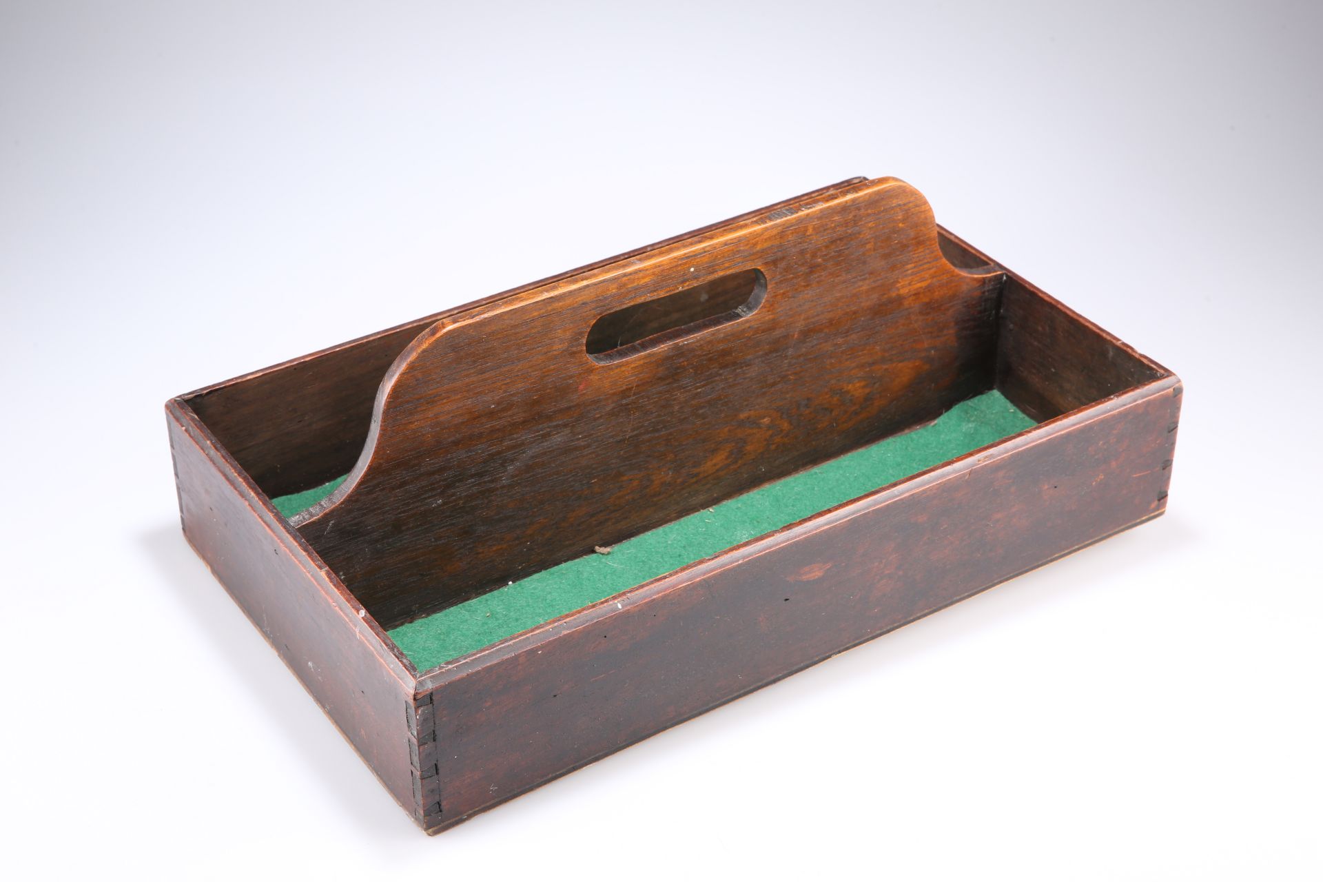 A GEORGIAN OAK CUTLERY TRAY, with pierced handle. 42cm