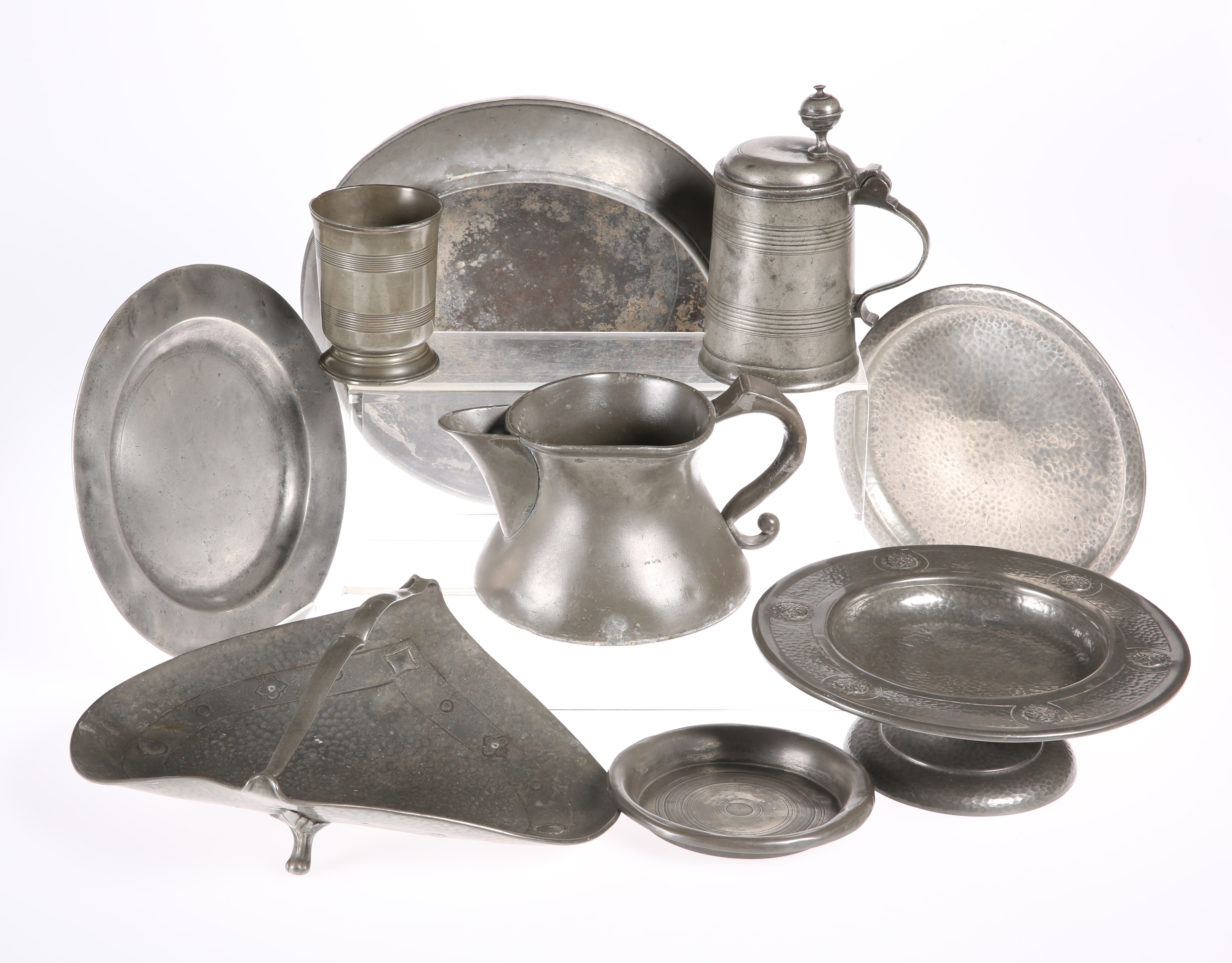 A LARGE COLLECTION OF ANTIQUE PEWTER, including an Irish haystack measure, stamped CORK; nine