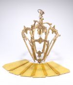 A GILT-BRASS HANGING LANTERN, of tapering hexagonal form, each side with amber coloured glass panel,