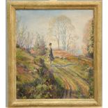 JACOB KRAMER (1892-1962), LADY WALKING ALONG A PATH, signed lower right, oil on canvas, framed. 39.